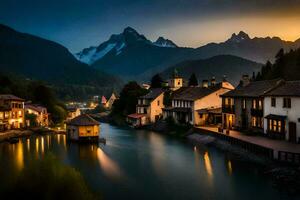 photo wallpaper the sky, mountains, river, houses, the night, the mountains, the river. AI-Generated