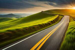 a road in the countryside with the sun setting. AI-Generated photo
