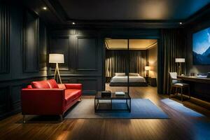 un hotel habitación con oscuro madera paredes y un rojo sofá. generado por ai foto
