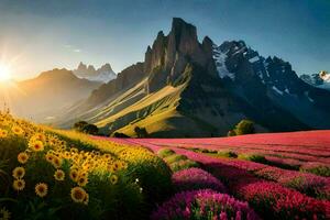 el Dom sube terminado un campo de girasoles en el montañas. generado por ai foto