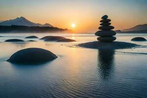 a stack of rocks in the water at sunset. AI-Generated photo