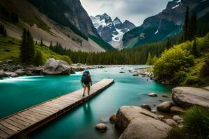 a man stands on a wooden bridge over a river. AI-Generated photo