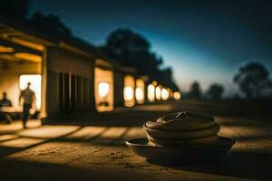 a bowl of food sits on the ground in front of a building. AI-Generated photo