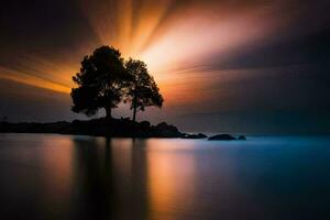 a lone tree stands on the shore of a lake at night. AI-Generated photo