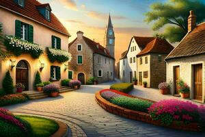 an artistic painting of a street in a small town. AI-Generated photo