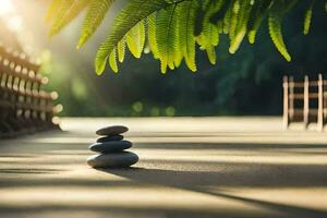 a zen garden with stones and a fern. AI-Generated photo