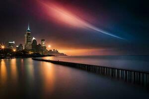 un largo exposición fotografía de el chicago horizonte a noche. generado por ai foto