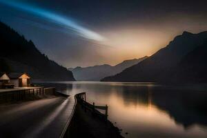 a lake and a dock at sunset with mountains in the background. AI-Generated photo