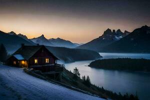 a cabin sits on the side of a mountain overlooking a lake. AI-Generated photo