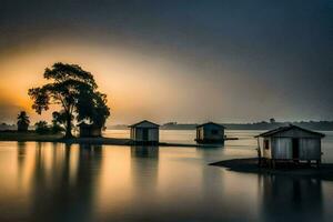 three small houses on the shore of a lake at sunset. AI-Generated photo