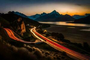 un largo exposición fotografía de un la carretera y montañas a puesta de sol. generado por ai foto