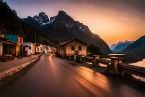 un la carretera en el montañas a puesta de sol. generado por ai foto