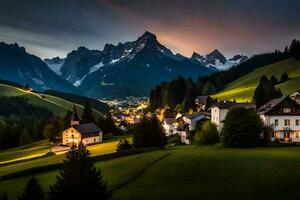 photo wallpaper the sky, mountains, village, house, sunset, mountains, house, village,. AI-Generated