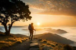 un hombre con mochila y trekking polos es en pie en el parte superior de un montaña a amanecer. generado por ai foto