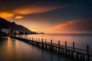 un largo exposición fotografía de un muelle a puesta de sol. generado por ai foto