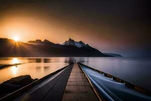 a pier at sunset with mountains in the background. AI-Generated photo