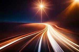 ligero caminos en el la carretera a noche. generado por ai foto