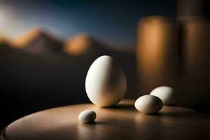 three eggs are sitting on a table. AI-Generated photo