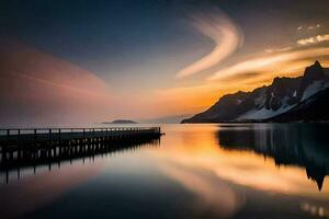 a pier in the middle of a lake with mountains in the background. AI-Generated photo