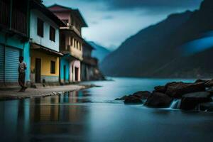 a man walks along the water in front of colorful houses. AI-Generated photo