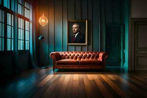 a leather couch in a room with a painting on the wall. AI-Generated photo