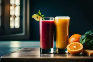 two glasses of juice with oranges and oranges on a table. AI-Generated photo
