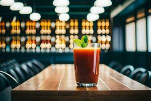 a glass of bloody drink sits on a table in a restaurant. AI-Generated photo