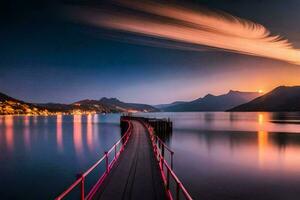 a pier with a long bridge over water and mountains. AI-Generated photo