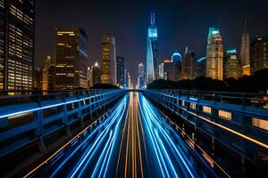 un largo exposición foto de un ciudad a noche. generado por ai