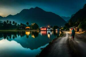 a woman walks along the road in front of a lake at night. AI-Generated photo