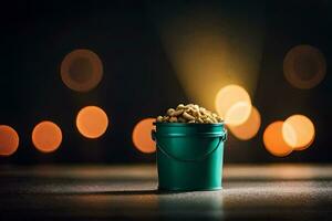 a bucket of peanuts on a table. AI-Generated photo