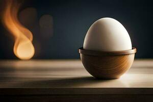 an egg in a wooden bowl on a table. AI-Generated photo