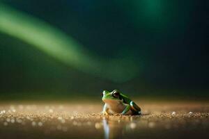 a frog sitting on the ground in front of a green background. AI-Generated photo