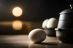 eggs on a table with a black pot. AI-Generated photo