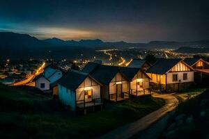 the lights of the houses in the mountains at night. AI-Generated photo