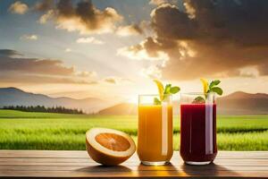 two glasses of juice on the table with a sunset in the background. AI-Generated photo