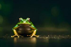 a frog sitting on the ground with a dark background. AI-Generated photo