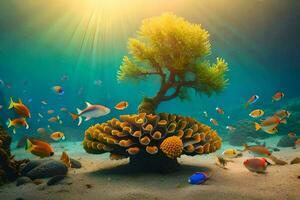 an underwater scene with a tree and fish. AI-Generated photo