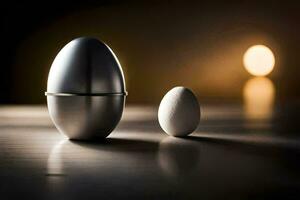 two eggs sit next to each other on a table. AI-Generated photo