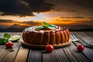 a cake with cherry on top on a wooden table. AI-Generated photo