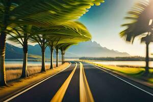 a road with palm trees and mountains in the background. AI-Generated photo