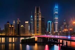 the city skyline at night with lights on. AI-Generated photo