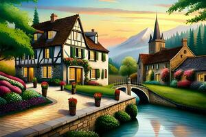 a painting of a village with a bridge and houses. AI-Generated photo