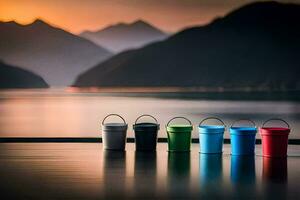 vistoso cubos en el agua, montañas, lago, atardecer, hd fondo de pantalla. generado por ai foto