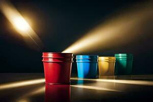 four colorful buckets with a spotlight shining on them. AI-Generated photo