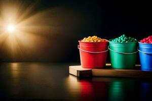 three buckets of colored popcorn on a wooden board. AI-Generated photo