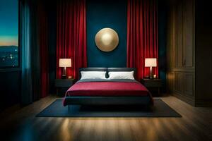 a bedroom with a red and black bed and a circular mirror. AI-Generated photo