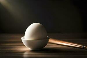 un huevo en un cuenco con palillos en un mesa. generado por ai foto