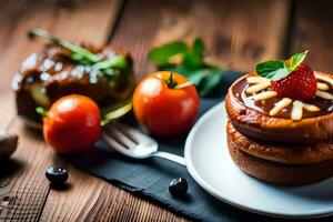 a plate with a cake and strawberries. AI-Generated photo