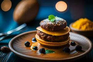 a plate with a stack of pancakes and berries. AI-Generated photo